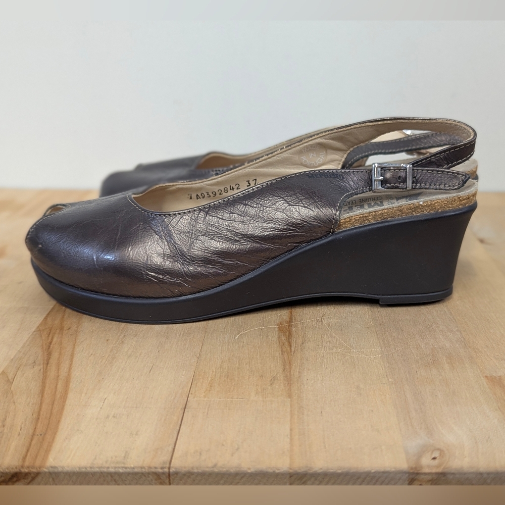 Mephisto Dark Brown Metallic Leather Wedges Peep Toe Orthopedic Portugal 37